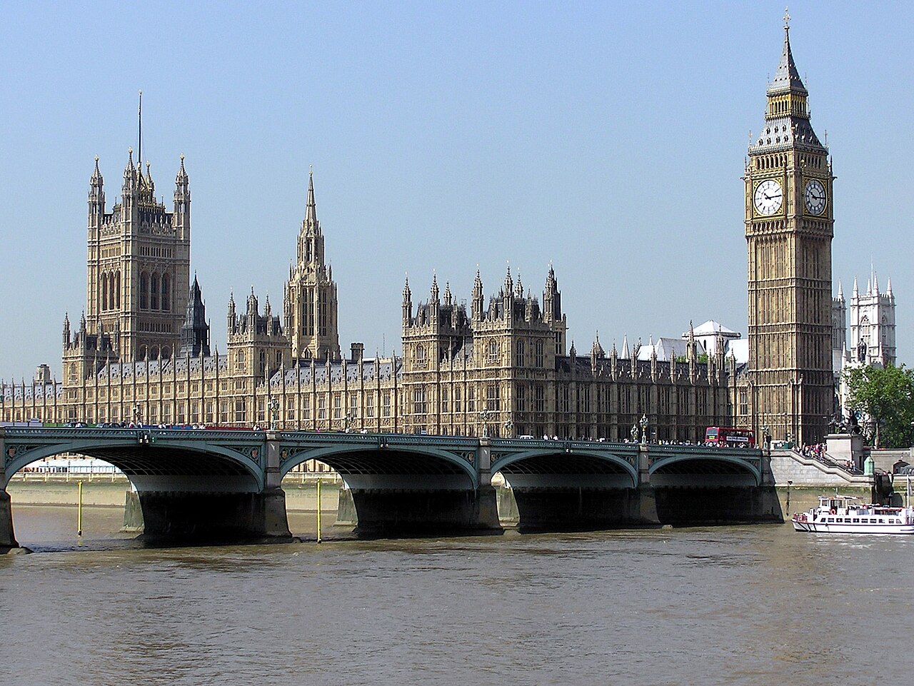 The Houses of Parliament in London seen across the Thames.