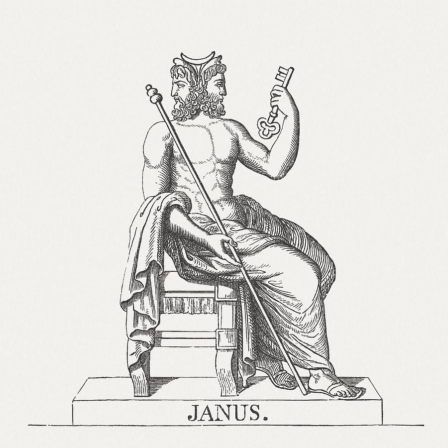 Engraving of Janus, the two-faced Roman god.