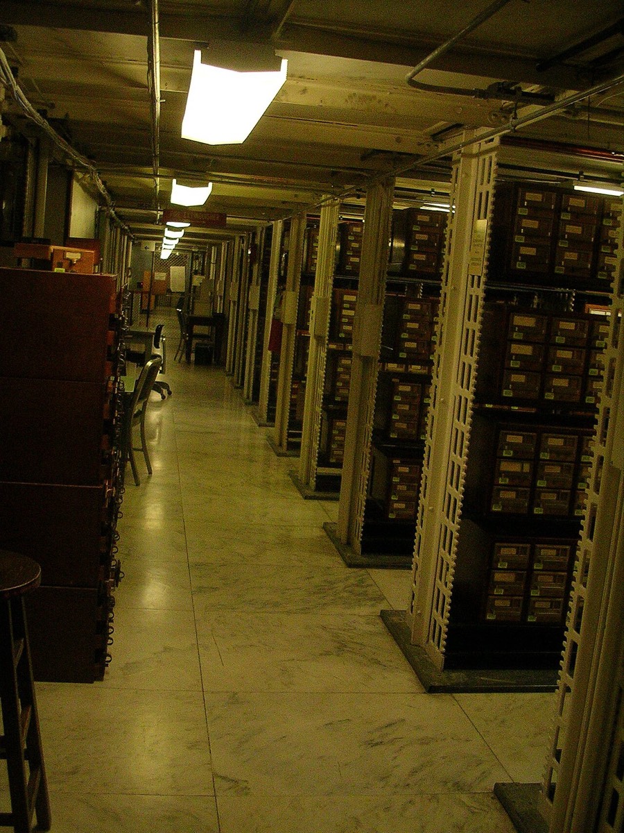 Rows of card catalogs in the basement of the Library of Congress.