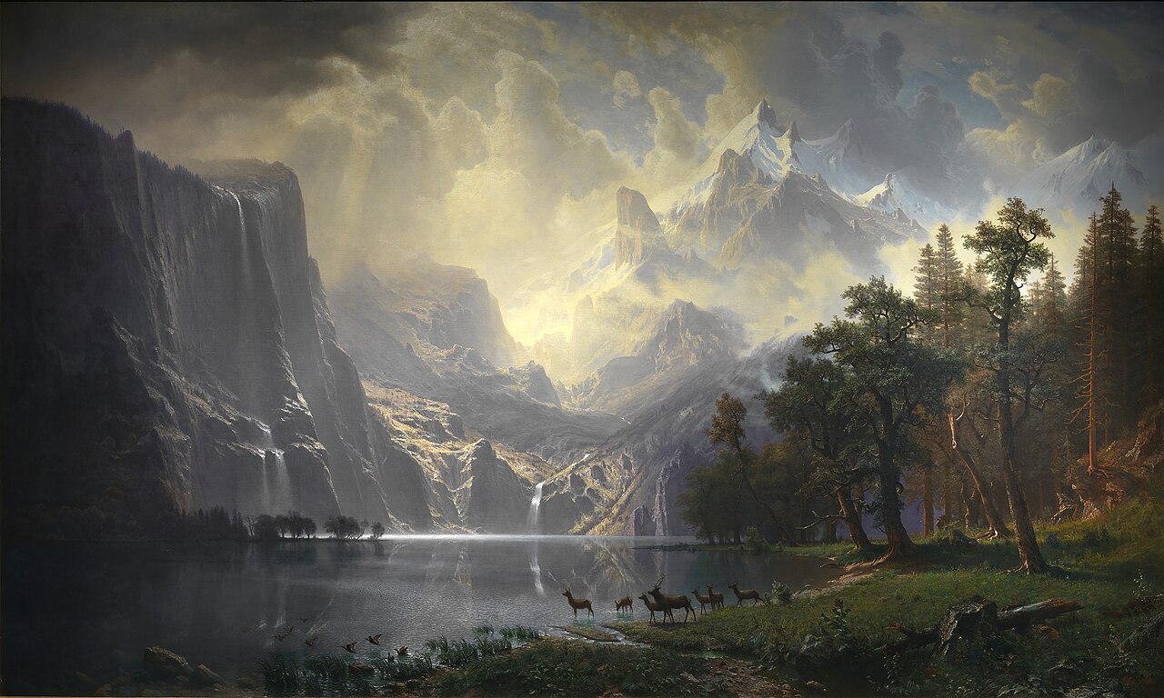 Painting of a mountain ridge and valley in the Sierra Nevada.