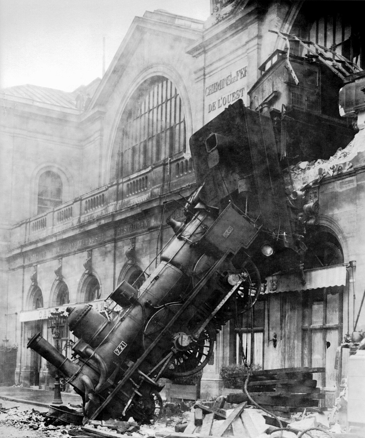 The 1895 Montparnasse train that crashed through the station wall and fell to the street below.