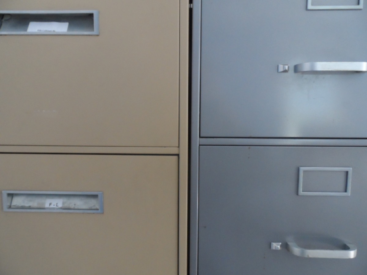 A row of metal filing cabinets.