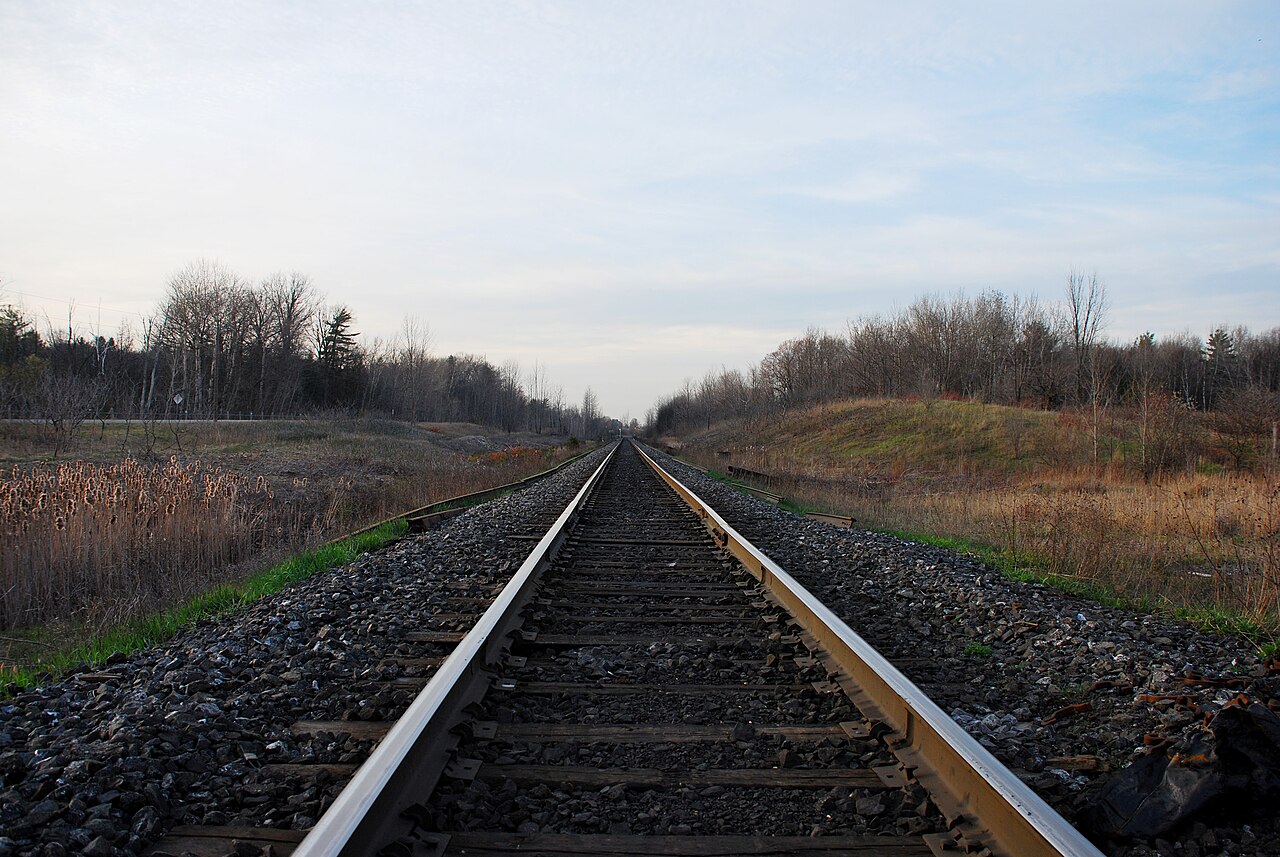 Multiple railroad tracks running in parallel and converging.