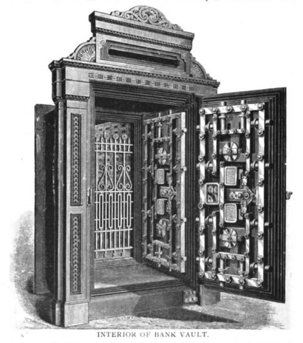 A heavy bank vault door.