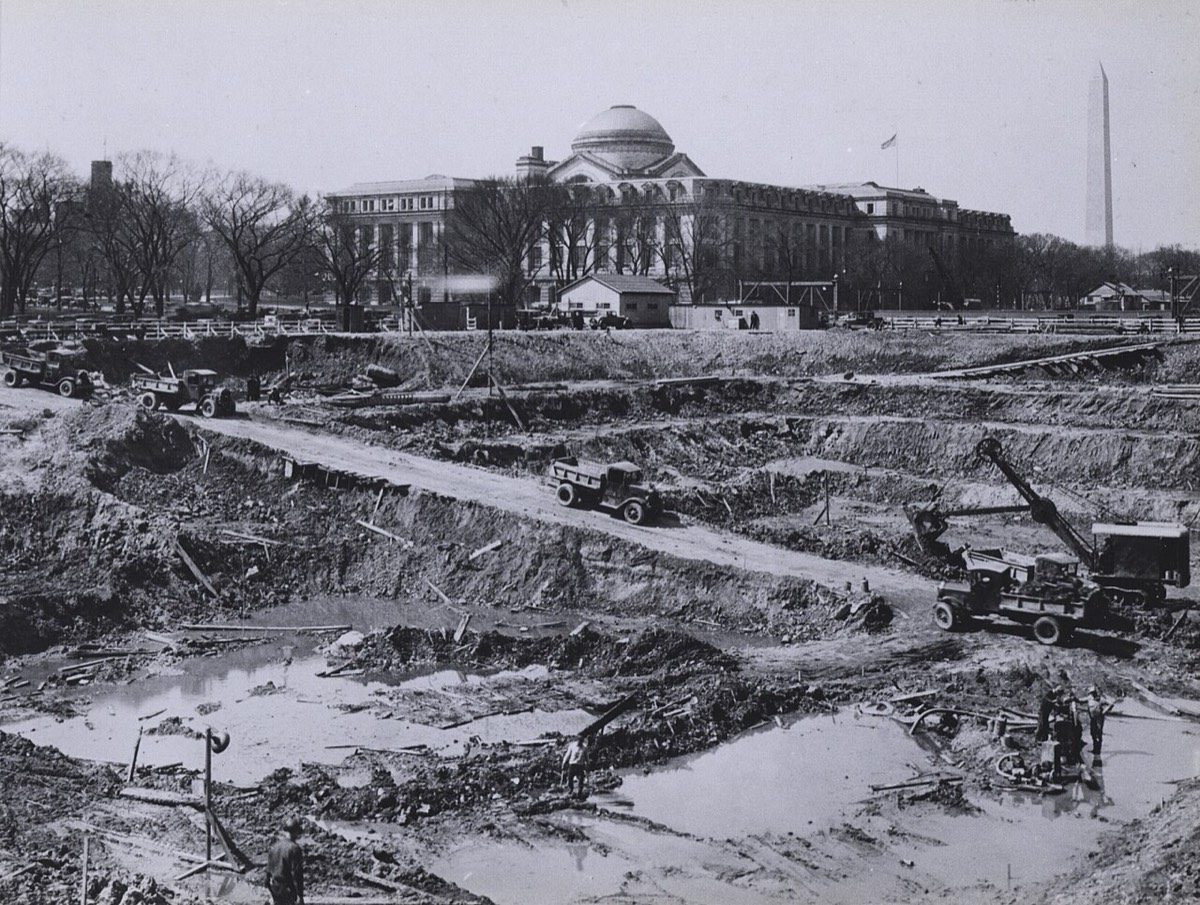 Excavation of the foundation for the National Archives Building, with the structure not yet visible above ground.