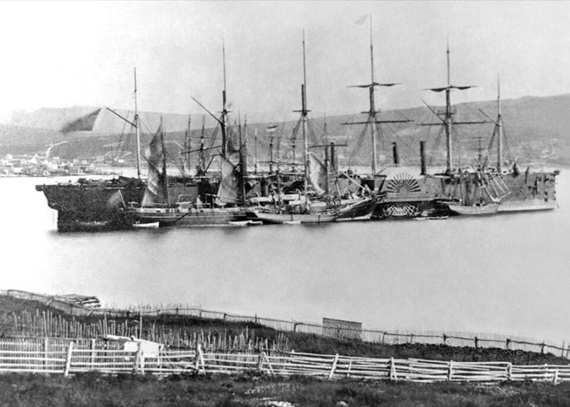 The steamship Great Eastern at anchor among sailing ships at Heart's Content, Newfoundland, in July 1866, the month she landed the transatlantic telegraph cable.
